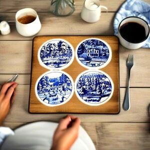 VTG Hallmark Coasters Set Of 4 Farm Scenery Missouri Round Blue and White